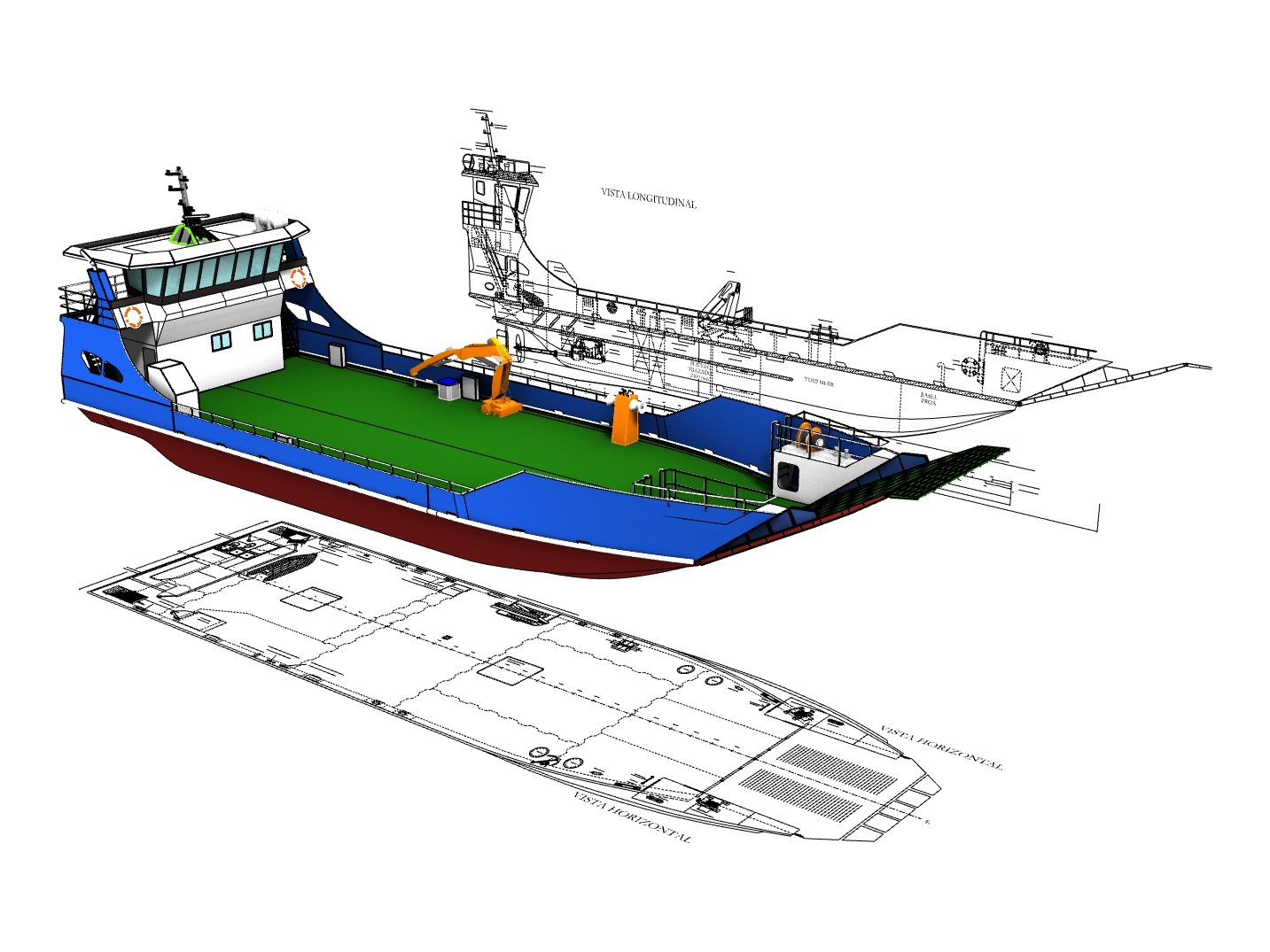 Render 3D de una barcaza de carga junto a su vista longitudinal y horizontal